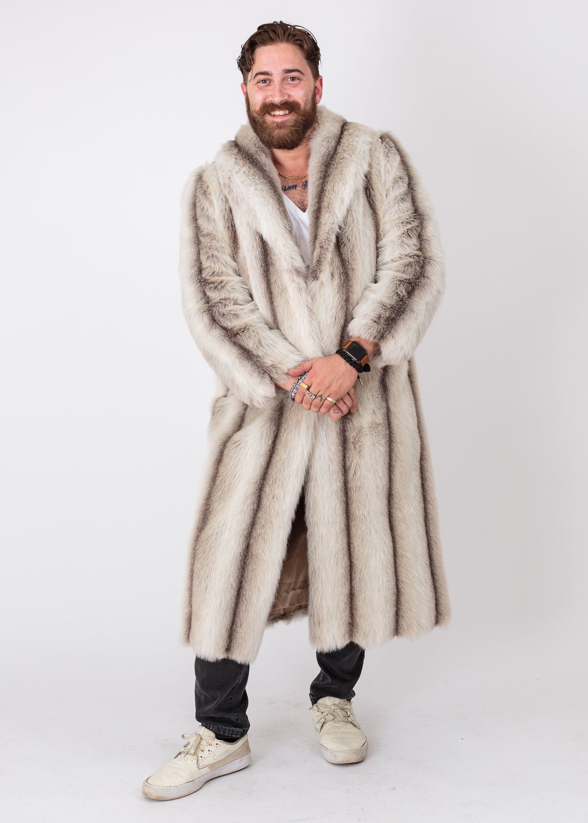 Monterey Fashions Maxi 2 Toned Striped Faux Fur Coat | Velvet: A