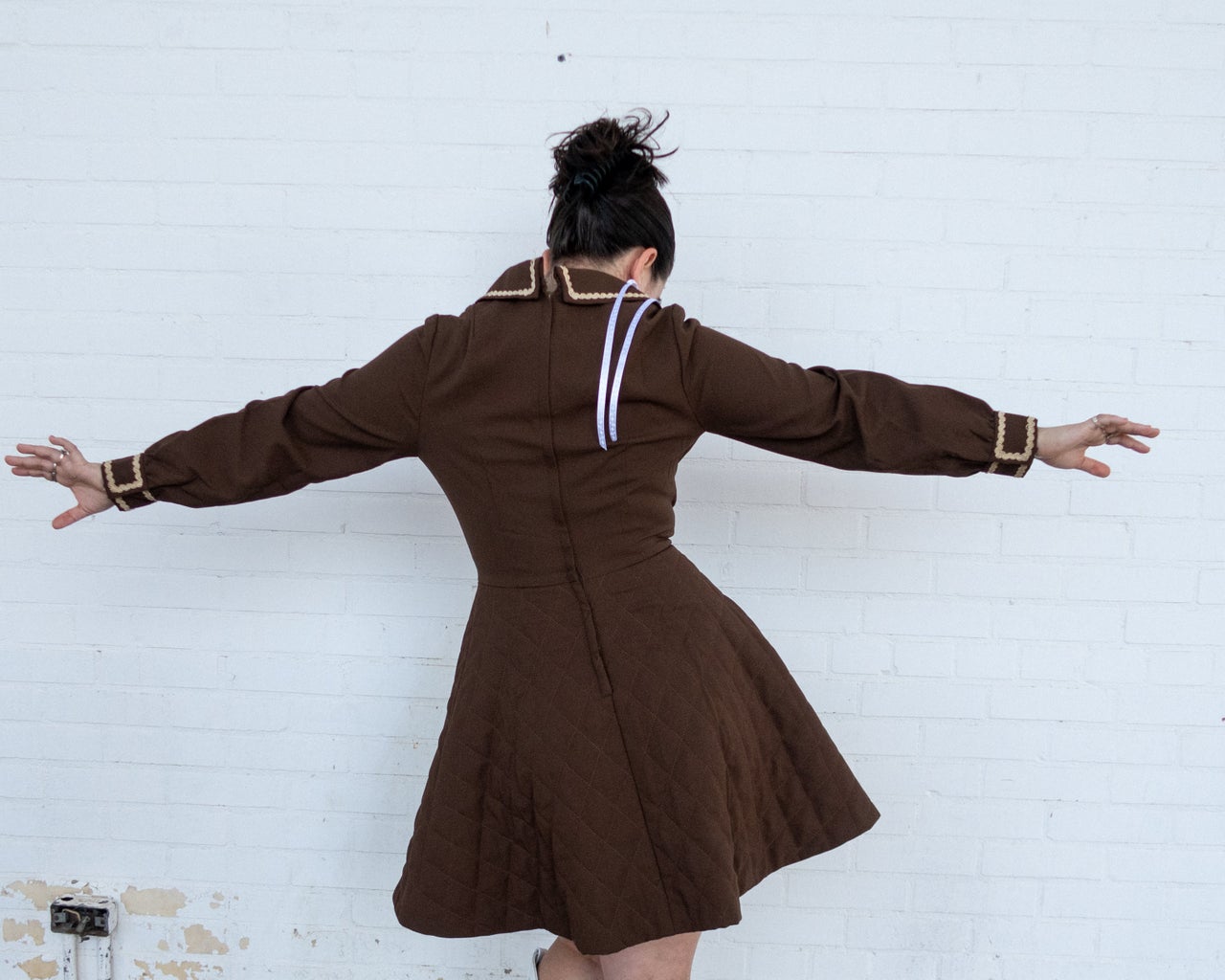 brown gameday dress KENNY BROWN DRAPED FULL SLEEVES NET DRAPED GOWN | CULT MIA